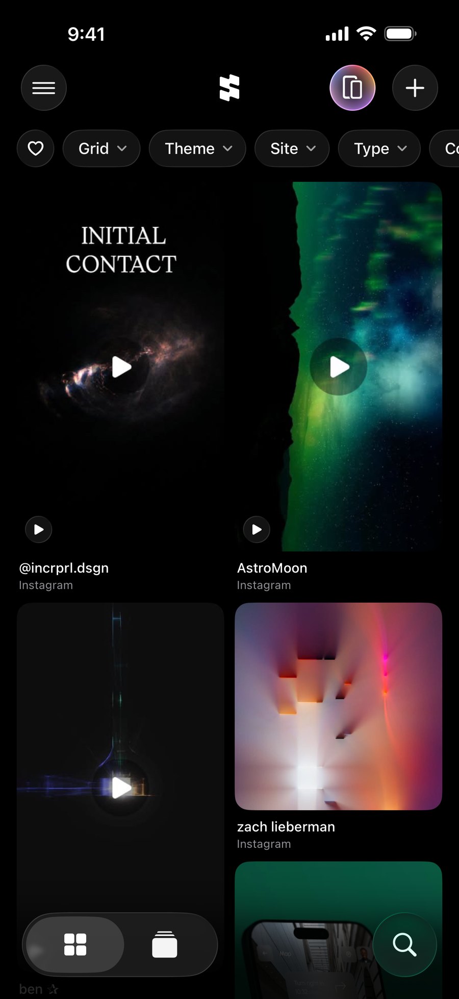 Stellata’s Grid with saved pictures, videos, and filters.